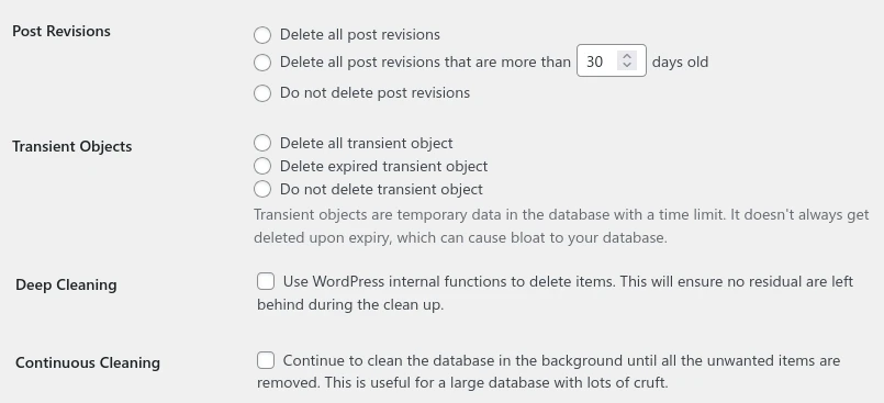 Database Cleaner Pro Options