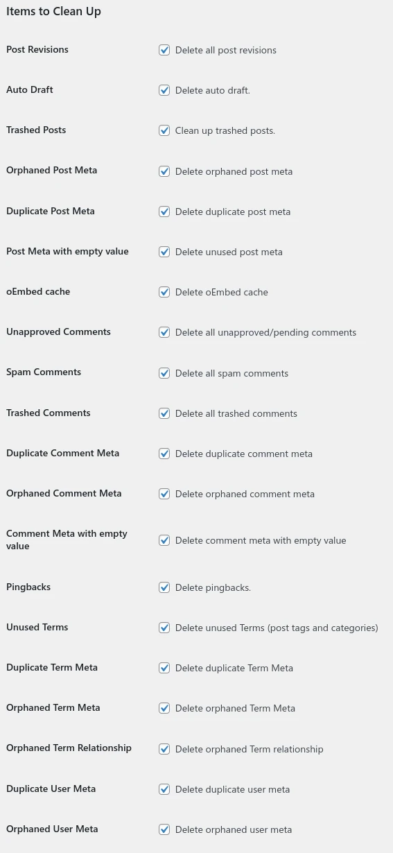Database Cleanup Items