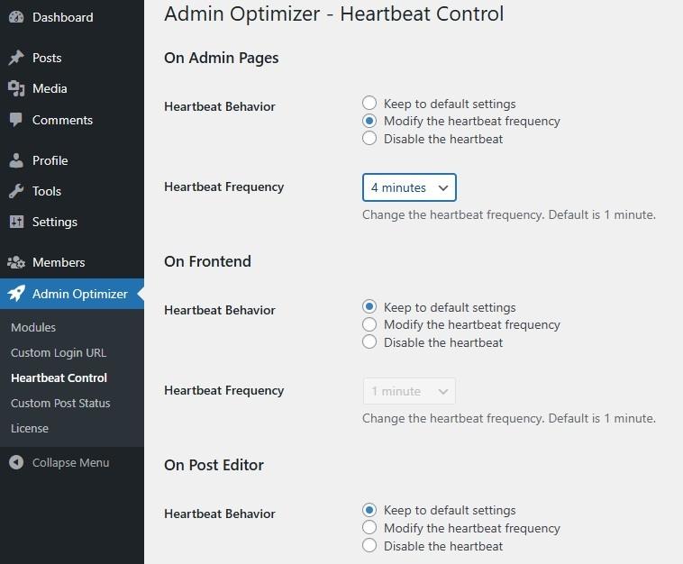 Adjusting the WordPress Heartbeat settings for different areas of the site.