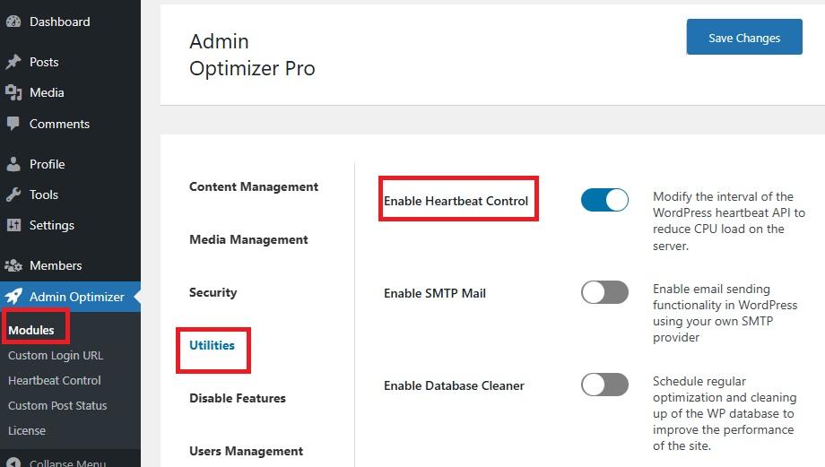 Enabling the Heartbeat Control module in Admin Optimizer.
