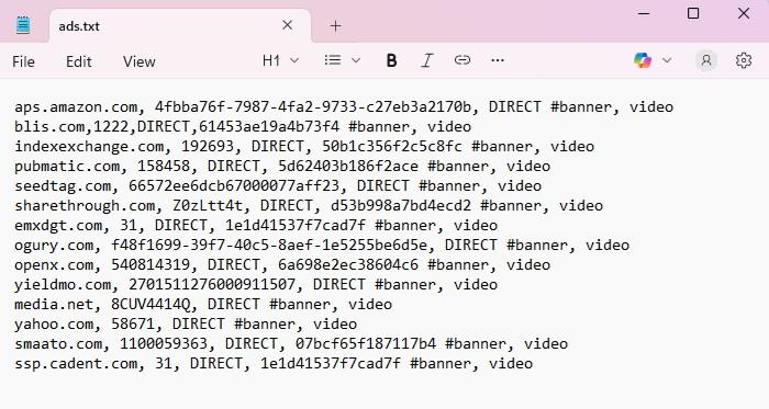 Sample ads.txt file in Notepad.