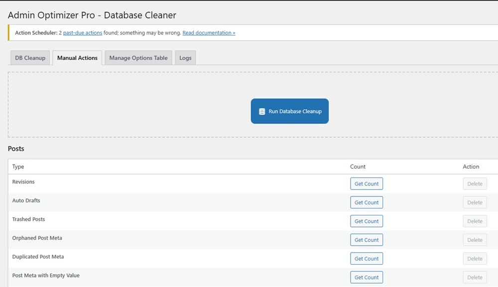 Reviewing manual actions to clean a WordPress database.