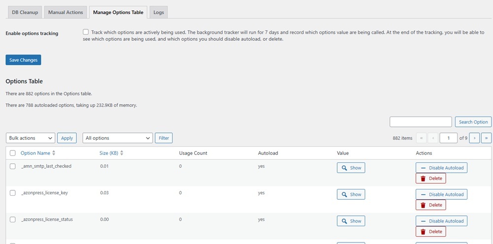 Cleaning the Options table.