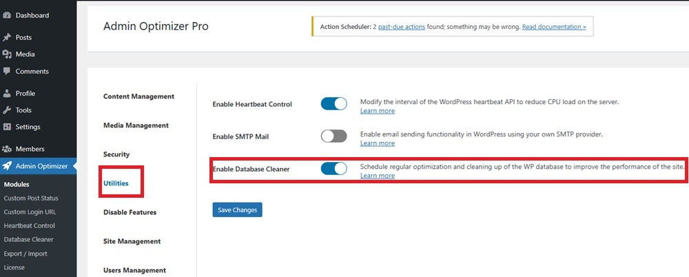 Enabling Database cleaner module for Admin Optimizer.
