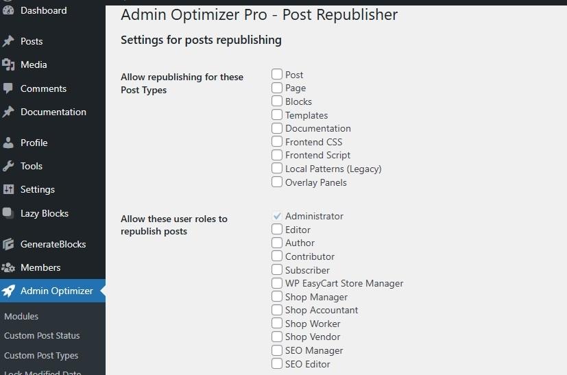 Changing settings in the Post Republishing module in Admin Optimizer.