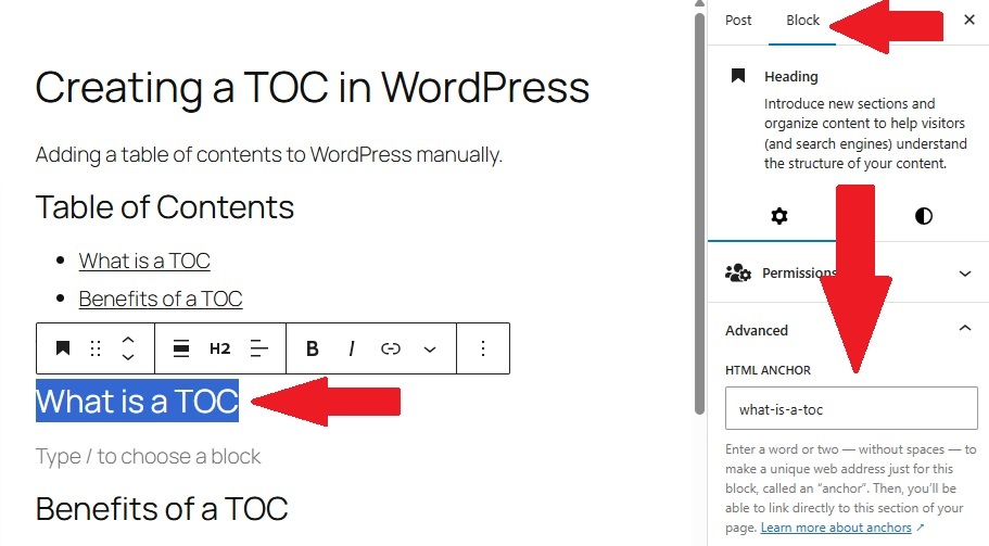 Adding an HTML anchor to WordPress headings.