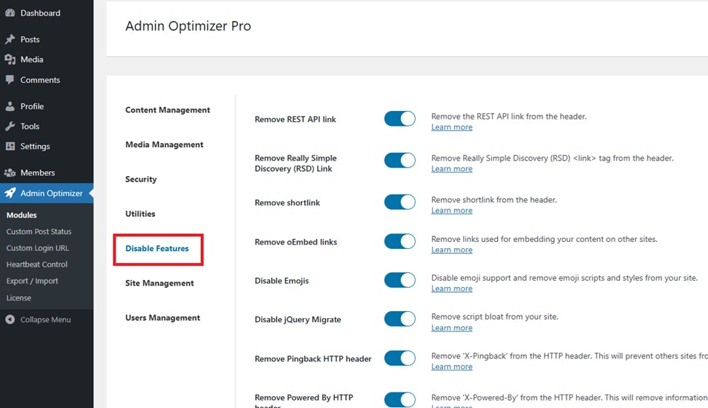 Disabling WordPress head tags with Admin Optimizer.