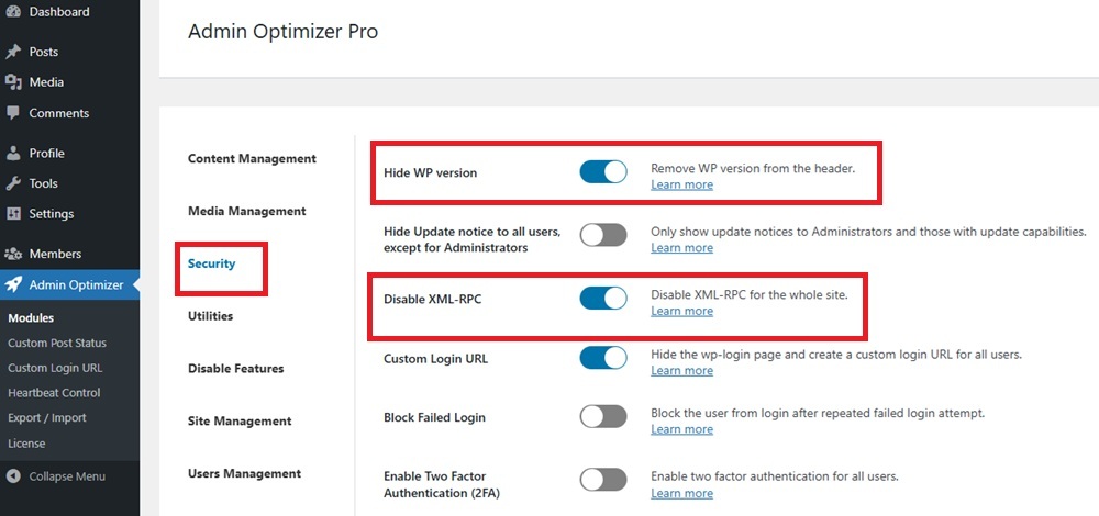 Disabling WP version and XML-RPC in Admin Optimizer.