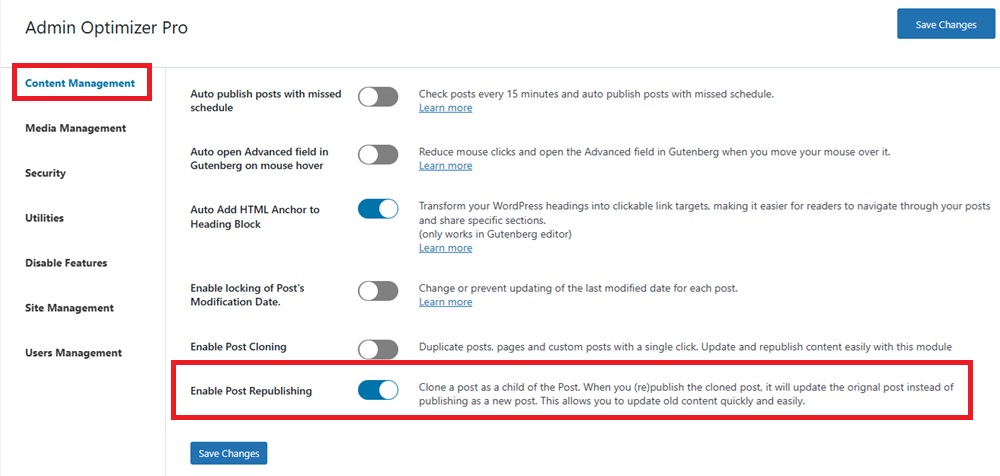 Enabling the Post Republisher module in Admin Optimizer.