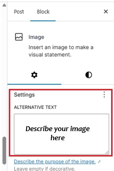 Example of alt text box in WordPress saying Describe image here.