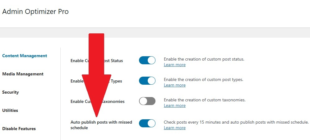 Enabling auto publish posts with missed schedule in Admin Optimizer.