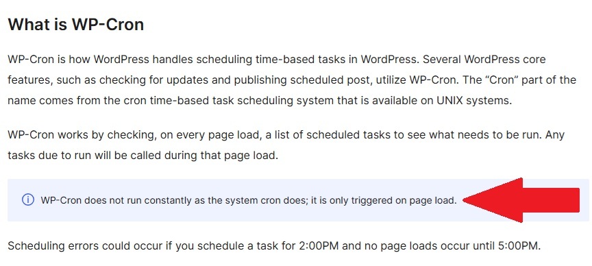 WP-cron warning from WordPress handbook.