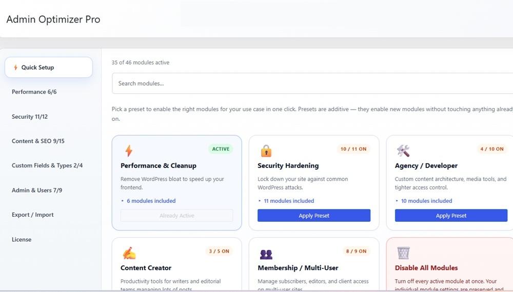 Using Admin Optimizer to replace numerous plugins.