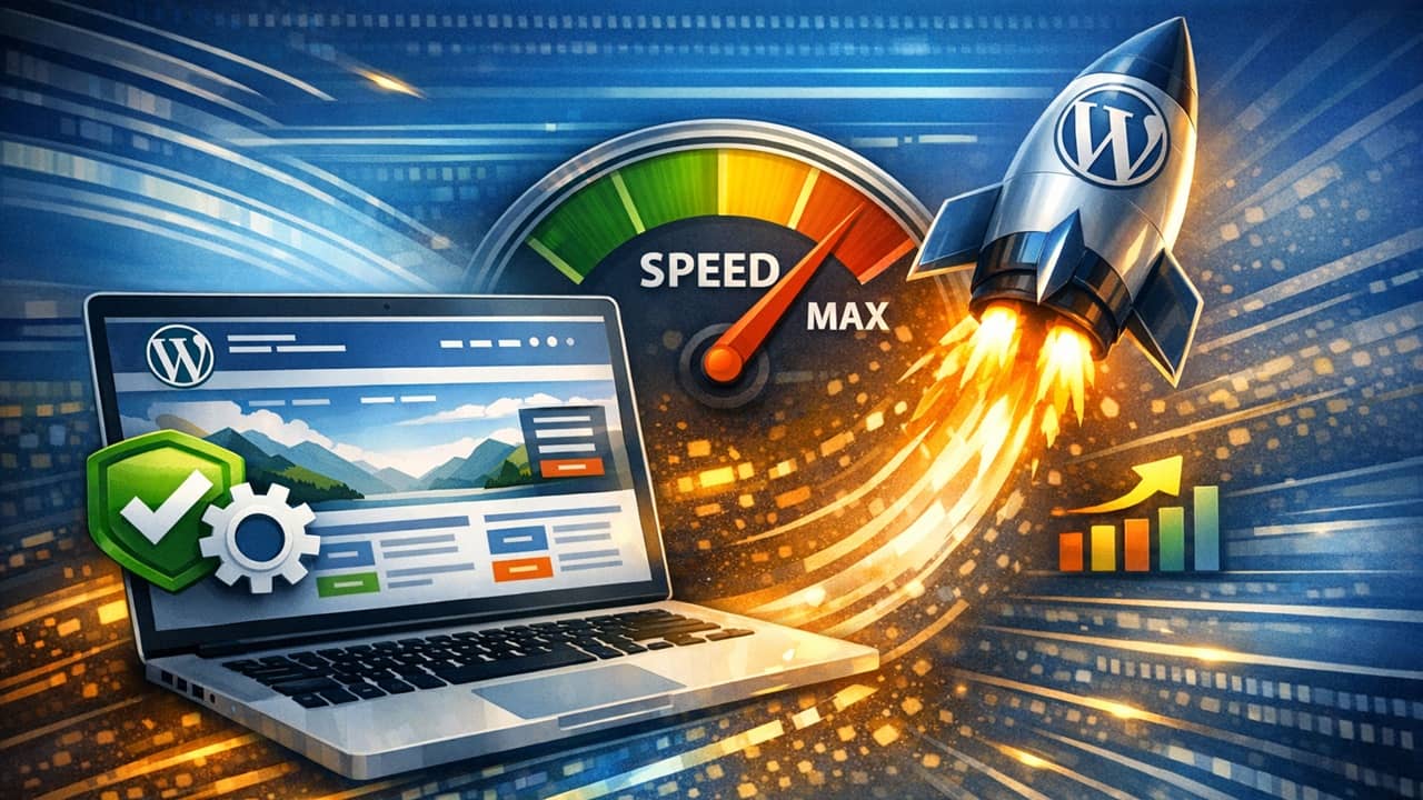Laptop with WordPress site and a rocket showing a speed boost.