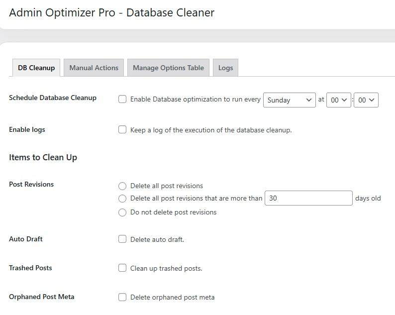Changing Database Cleaner settings in WordPress.