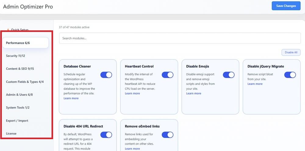 Available modules in Admin Optimizer to reduce WordPress plugins.