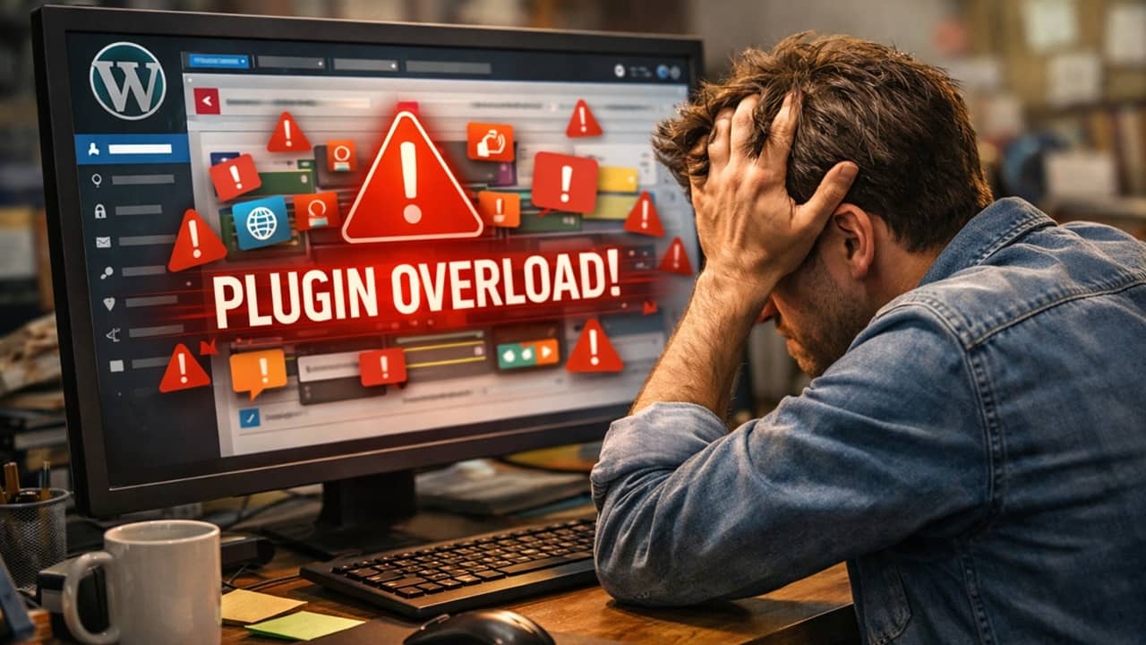 Frustrated person staring at WordPress with plugin overload.