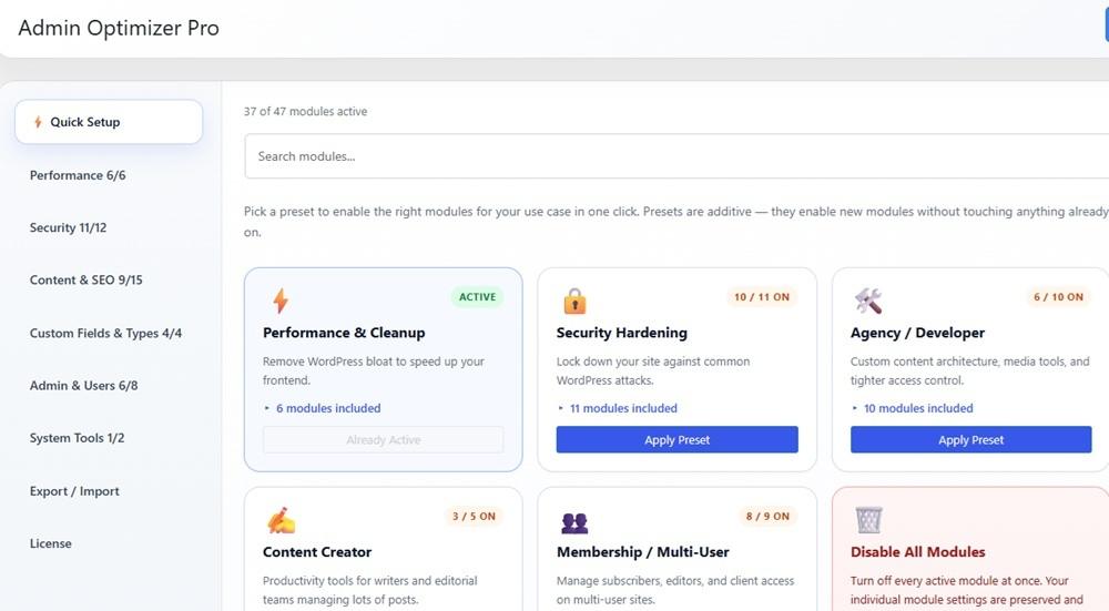 Using Quick Setup to enable modules in Admin Optimizer.