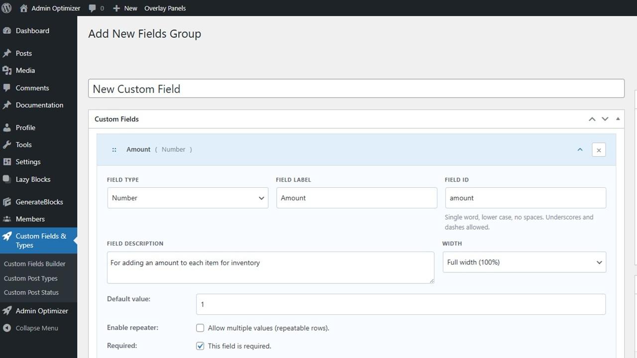 Setting up custom fields in WordPress using Admin Optimizer