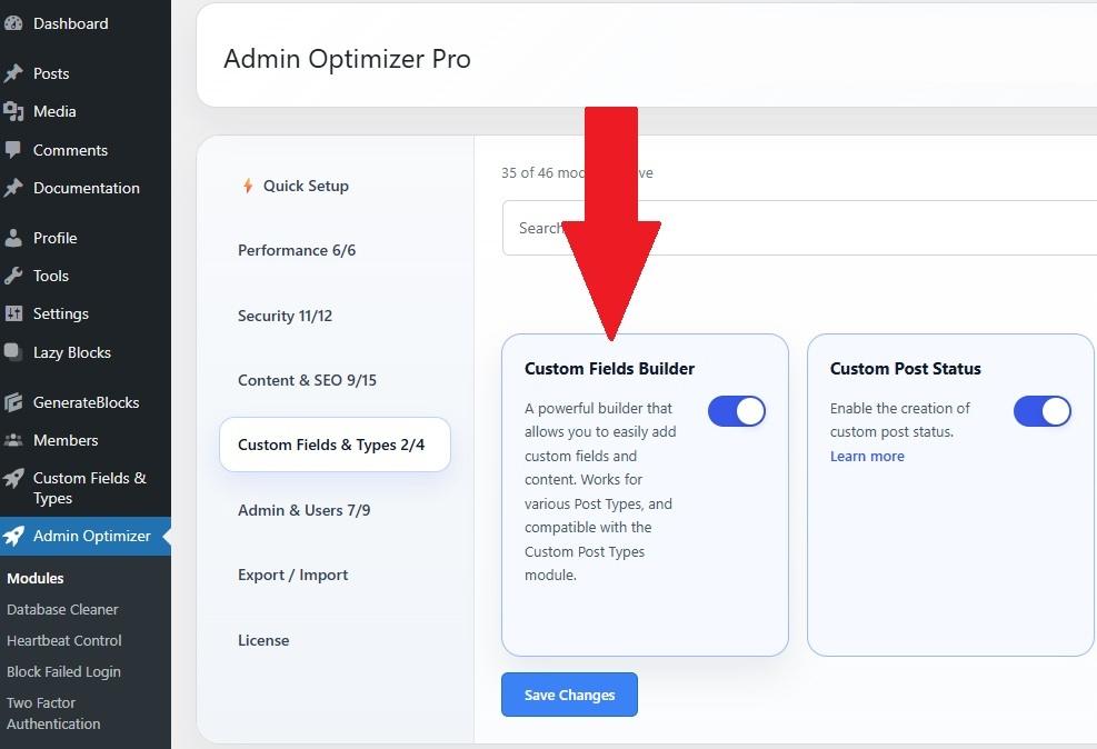 Enabling Custom Fields Builder in Admin Optimizer.