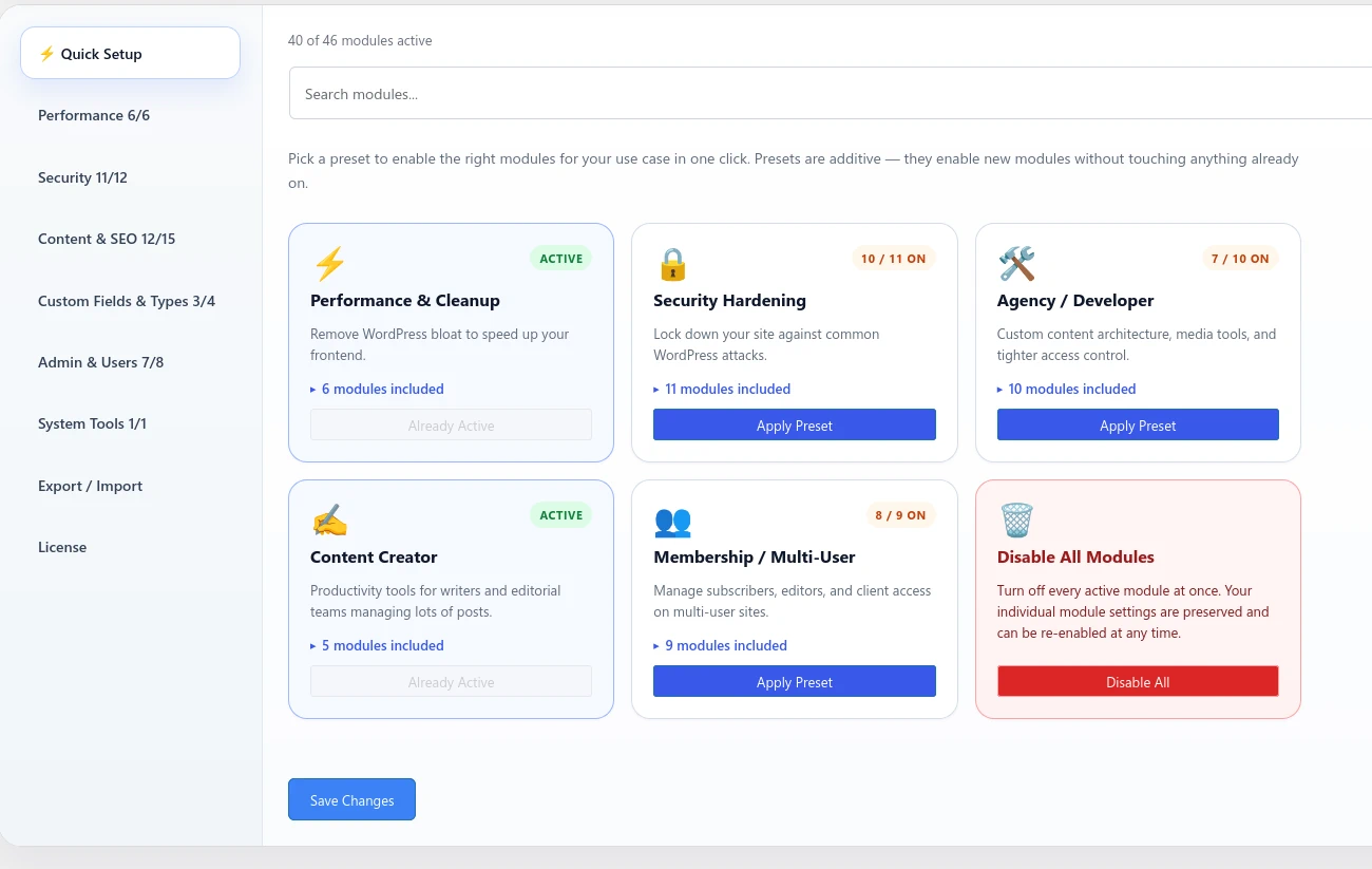 Admin Optimizer Quick Setup Section