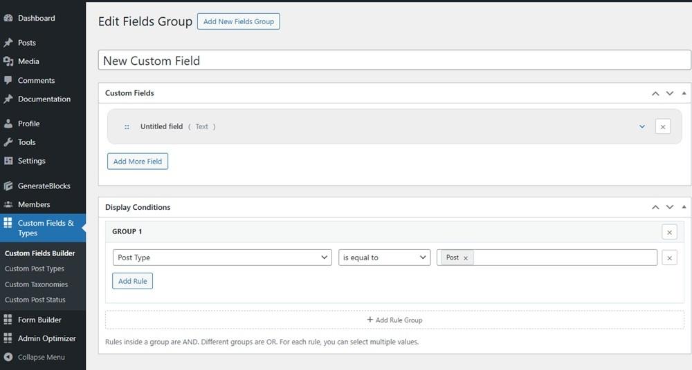 Creating a new custom field in Admin Optimizer.