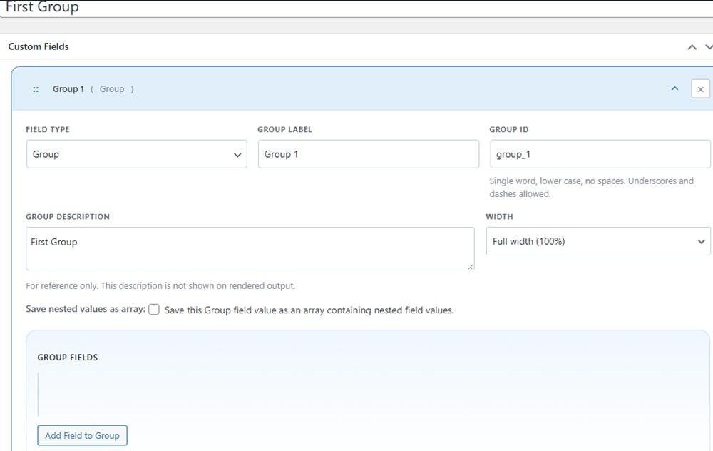 Adding a new group for custom fields.