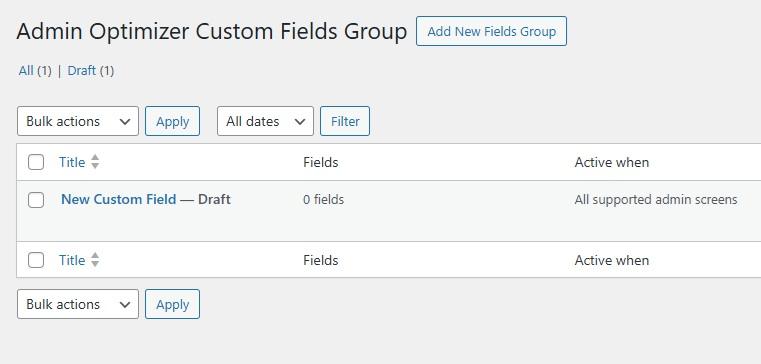 Adding a new fields group in Custom Fields Builder.