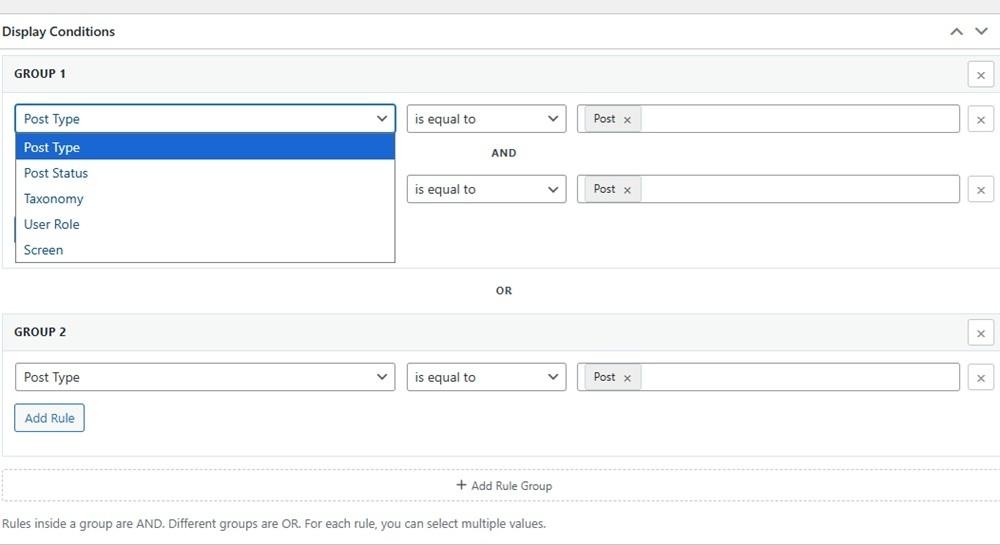 Selecting Display Conditions for your group.