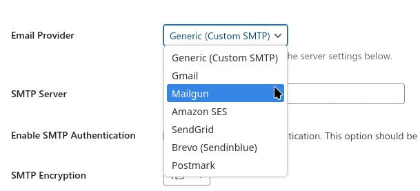 Smtp Providers Dropdown