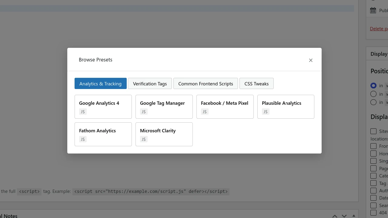 Admin Optimizer Custom Code Preset Options