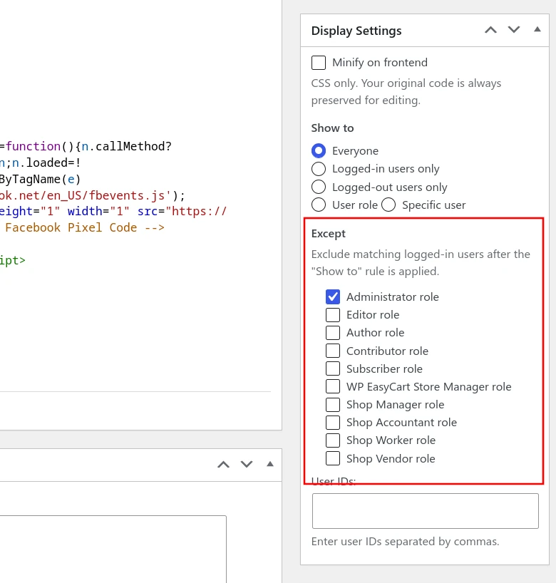 Custom Code Exclude Settings