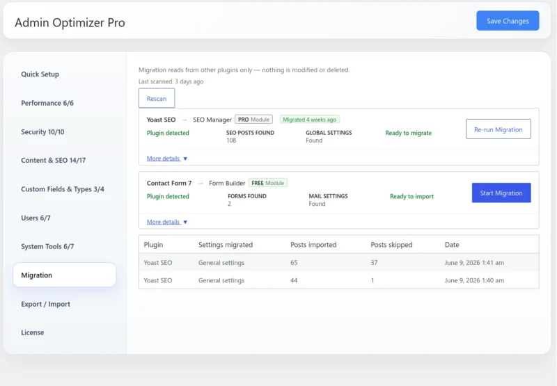 Admin Optimizer Migration Tool Interface