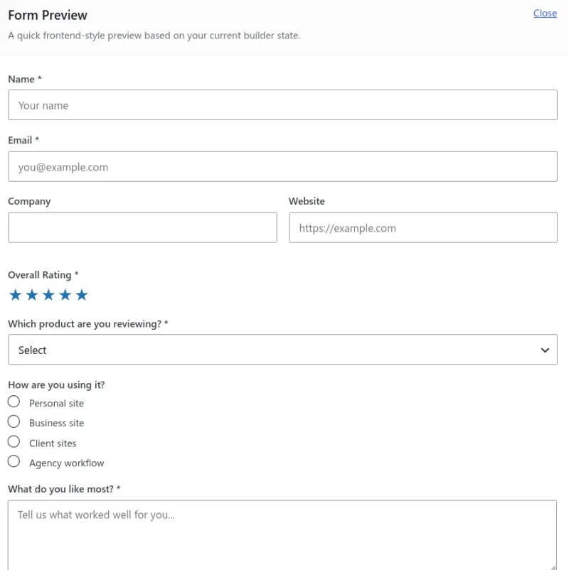 Form Builder Product Review Preset