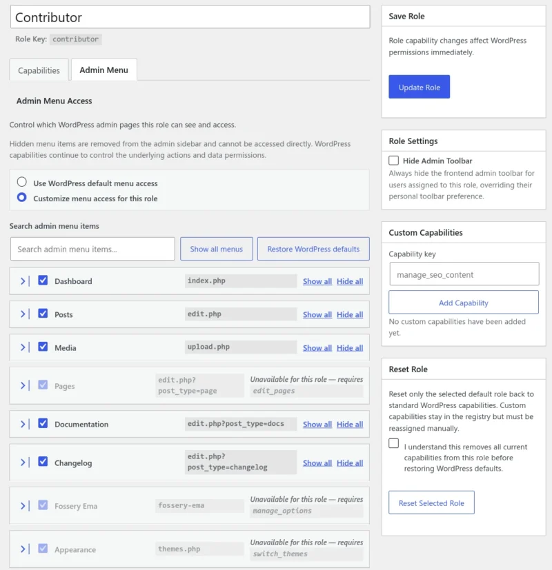 User Access Manager Admin Menu Control