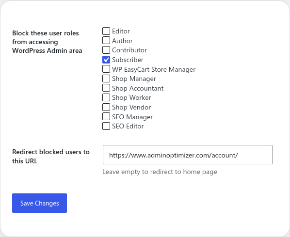 Block Admin Access settings