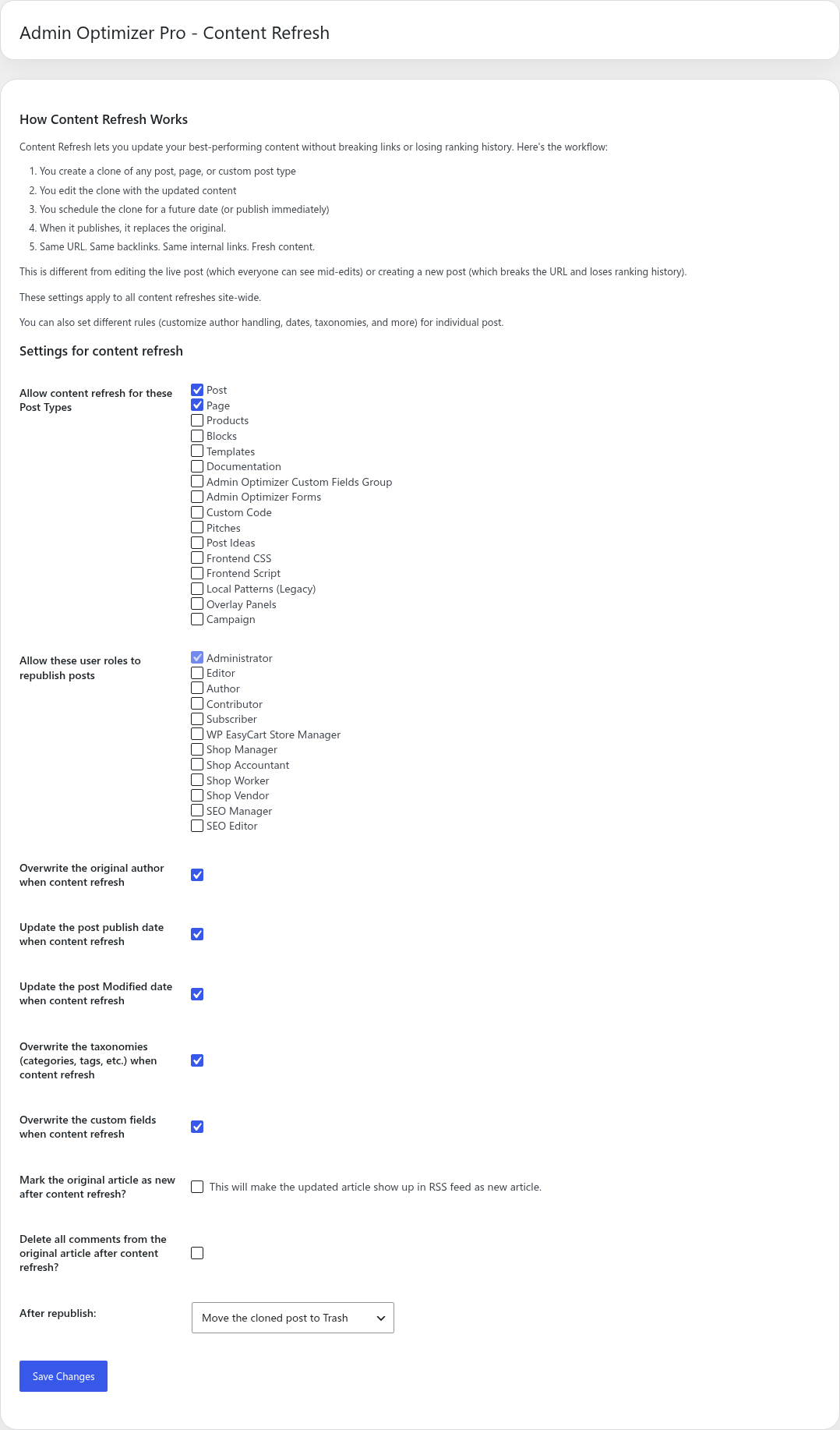 Content Refresh settings