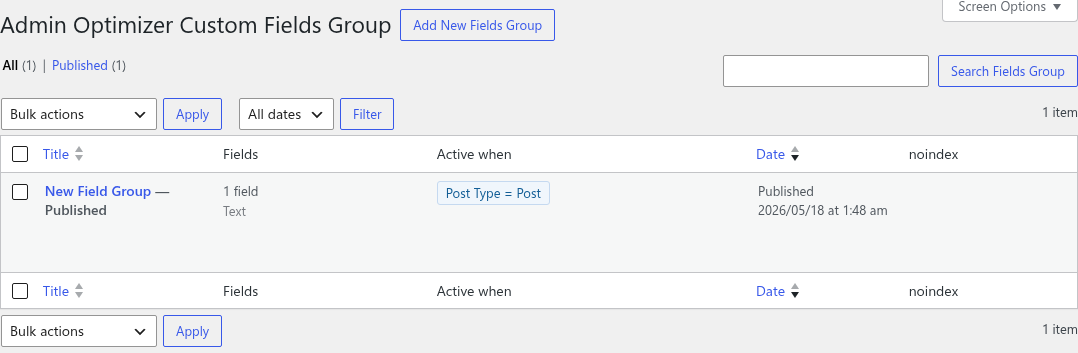Custom Fields Builder field groups list