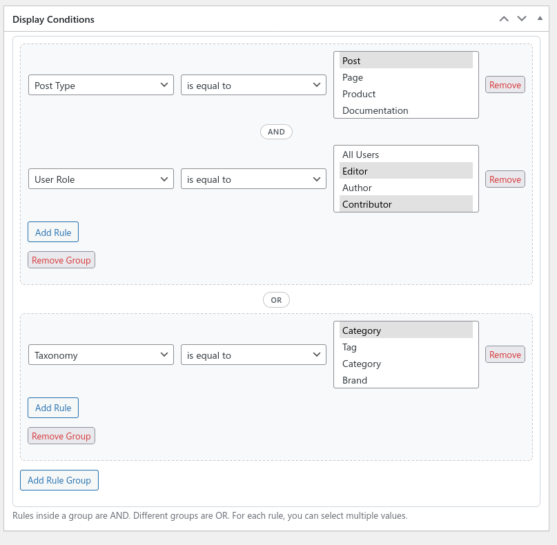 Custom Fields Builder display conditions