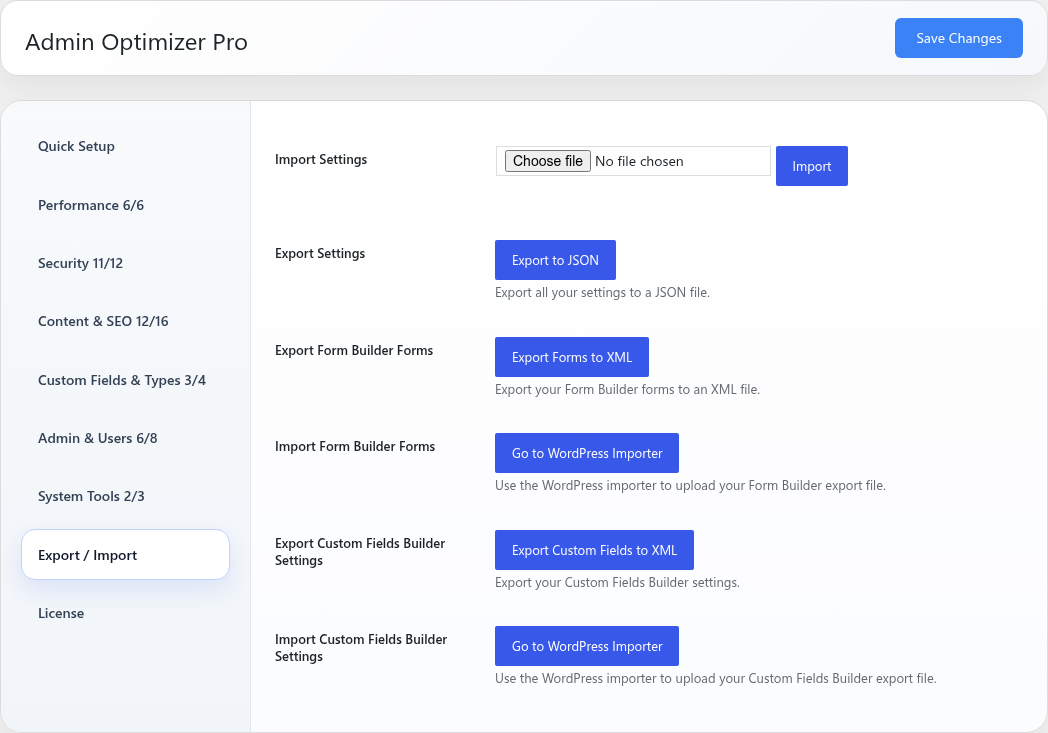 Export / Import settings