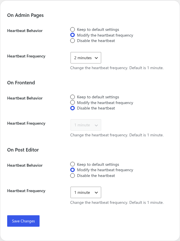 Heartbeat Control settings