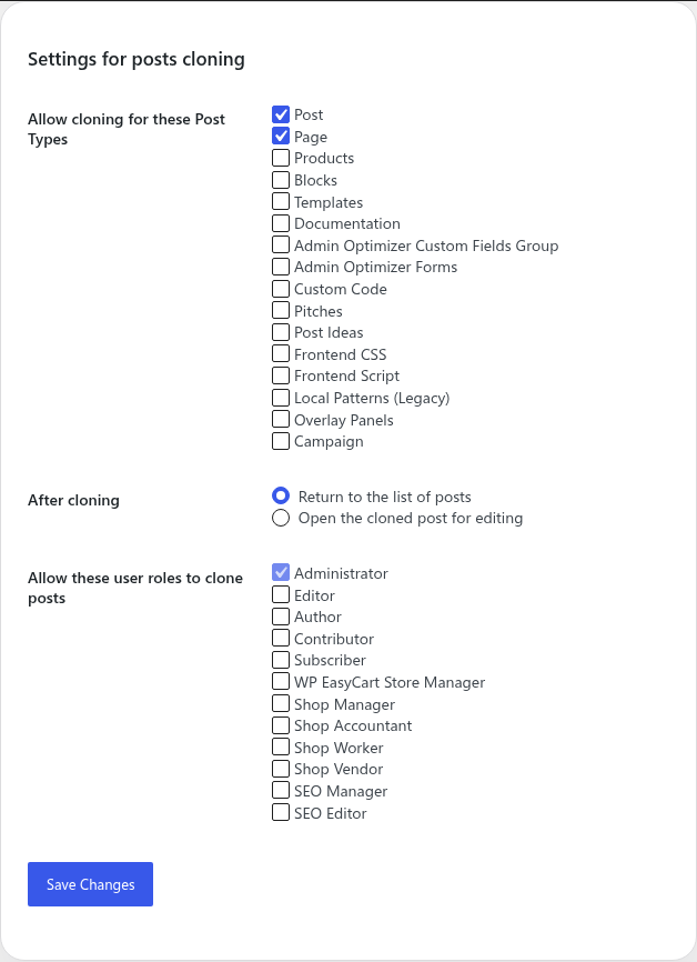 Post Cloning settings
