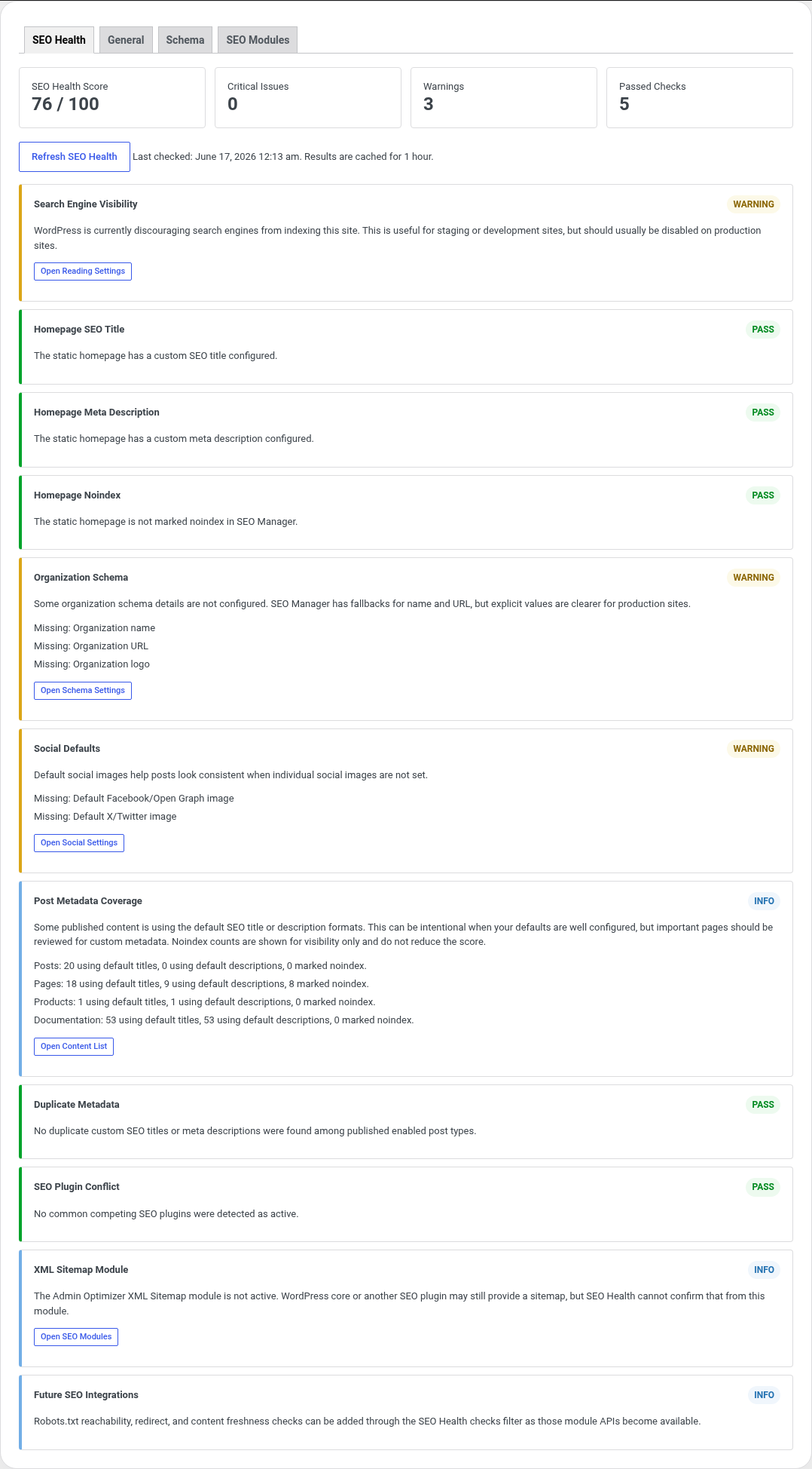 SEO Manager health dashboard