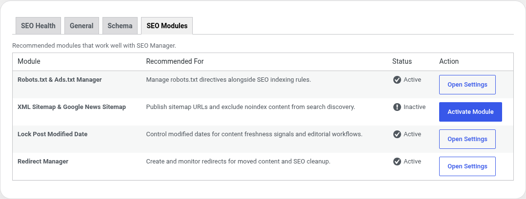 SEO Manager recommended modules