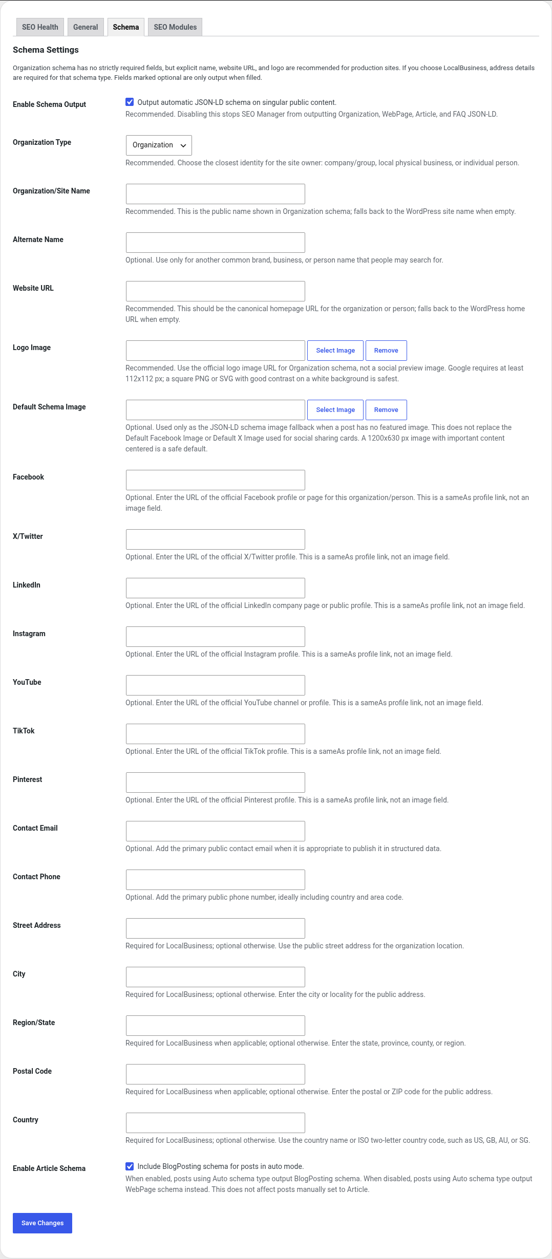 SEO Manager schema settings