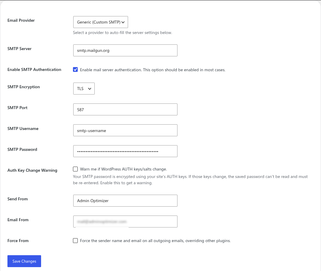 SMTP Mail settings page