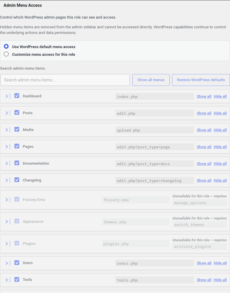 User Access Manager admin menu access