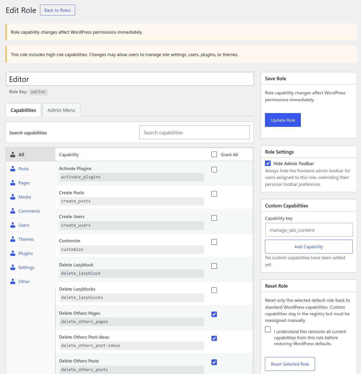User Access Manager role editor