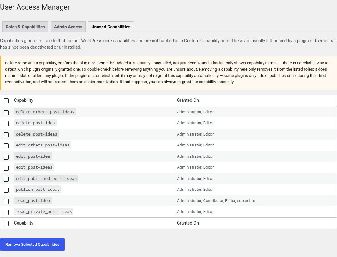 User Access Manager unused capabilities