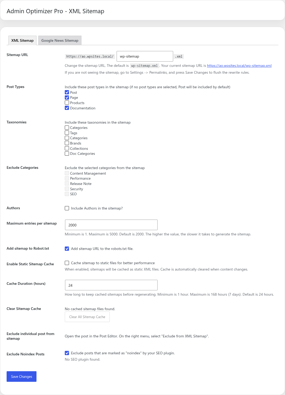 XML Sitemap settings